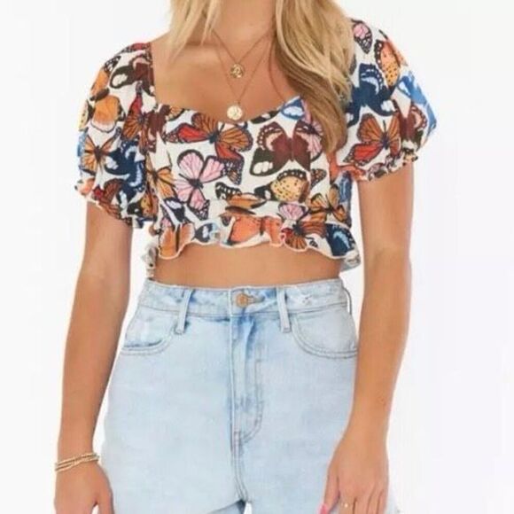 Show Me Your Mumu Butterly Print Puff Sleeve Ruffled Crop Top NWT Size Large - Picture 1 of 9
